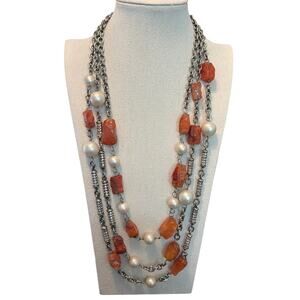 St. John Silver-tone Rhinestone, Pearl & Carnelian 3 Strand Necklace
